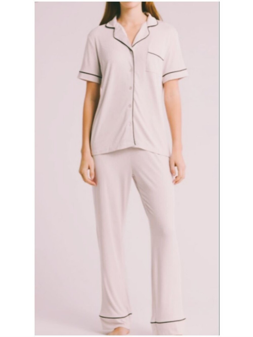 AEROSOLES Short-Sleeve Tan Pajama Set with Black Contrast Trim